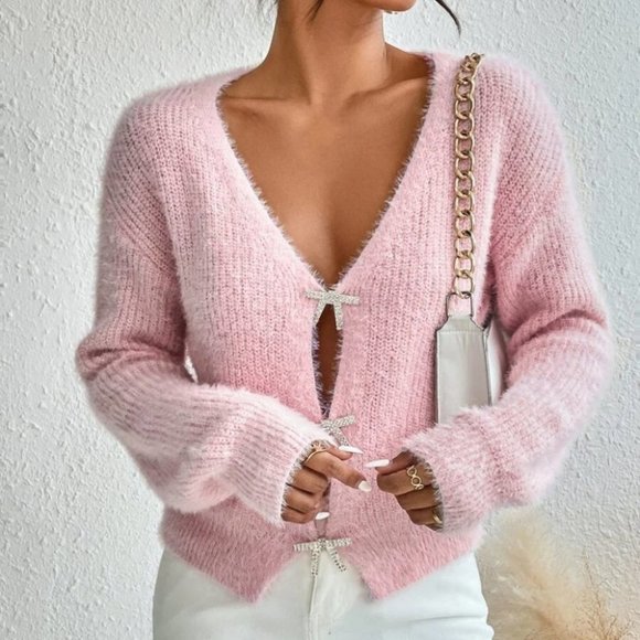 . Sweaters - Contemporary soft fuzzy button down knit sweater Cardigan pink